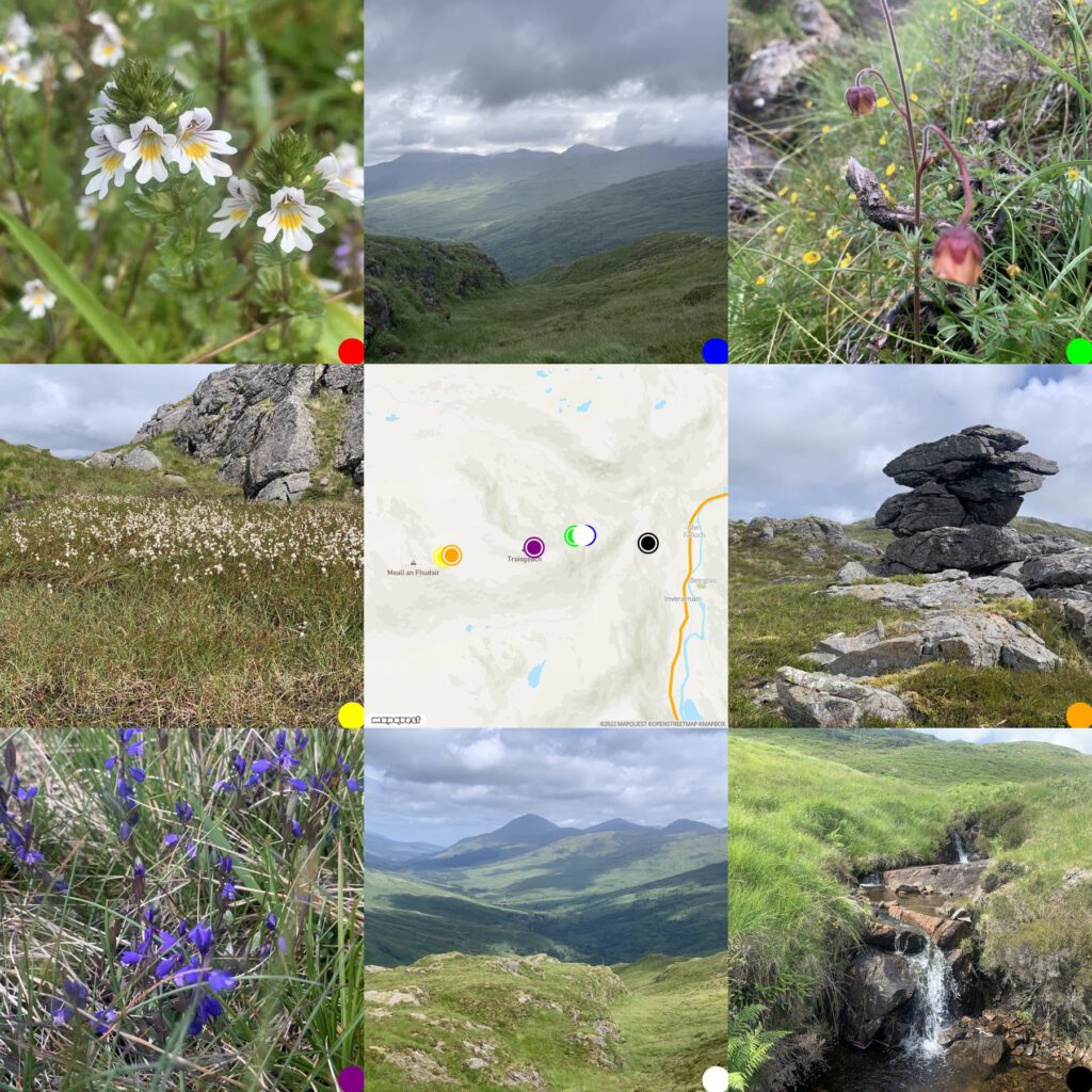 grid of images tane on a walk to Meall an Fhudair around a map of wwhere they wee taken. Flora, views