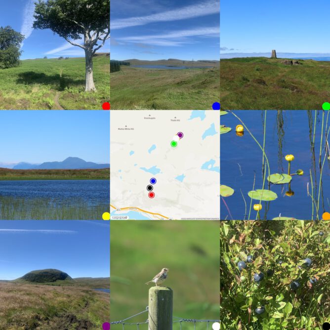 Grid of photos round a map of where they were taken. Kilpatrick Hills views, trig point, water lilys, blaeberries & a pipet.