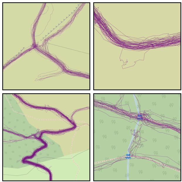 grid of 4 screenshot of maps showing multiple trails