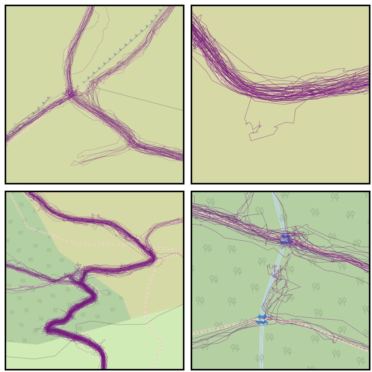 grid of 4 screenshot of maps showing multiple trails