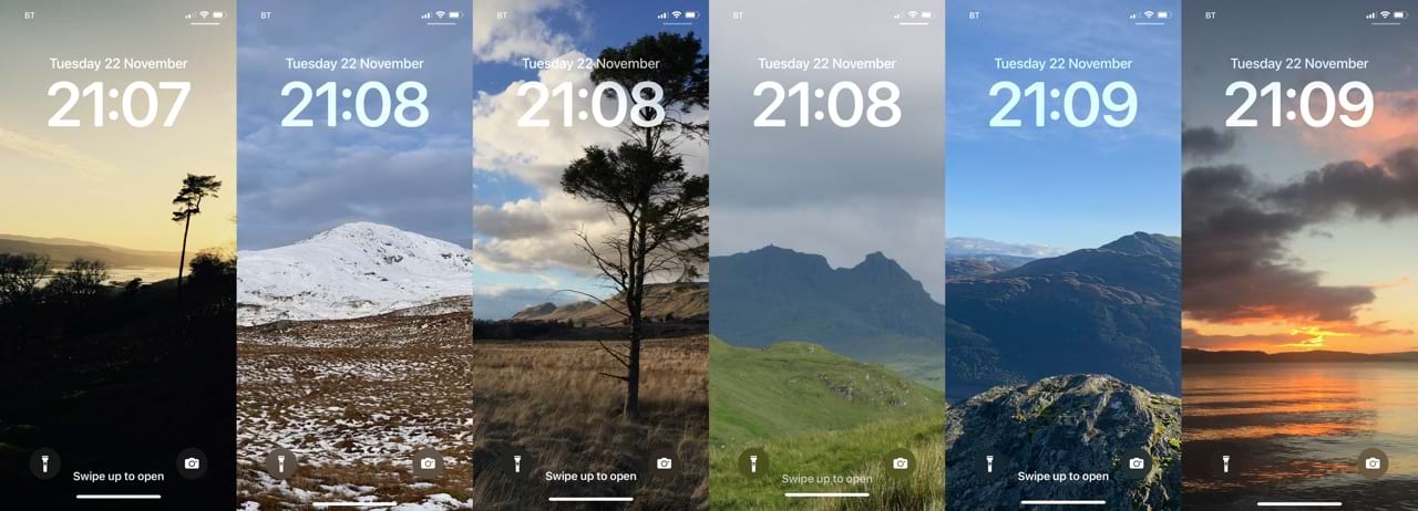 A montage of phones lock screen showing photos of nature