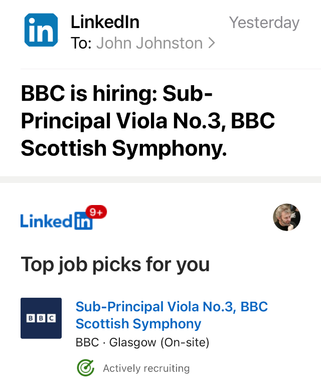 screenshot of LinkedIn suggesting I could be a classical musician 