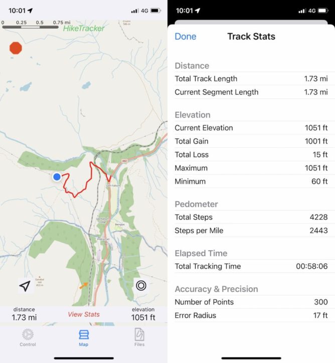 Screenshots of HikeTracker, map on the left, stats on the right