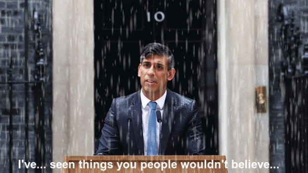 Gif made from still of rishi sunak announcing election with extra rain. Text reads: I've seen things you people wouldn't believe