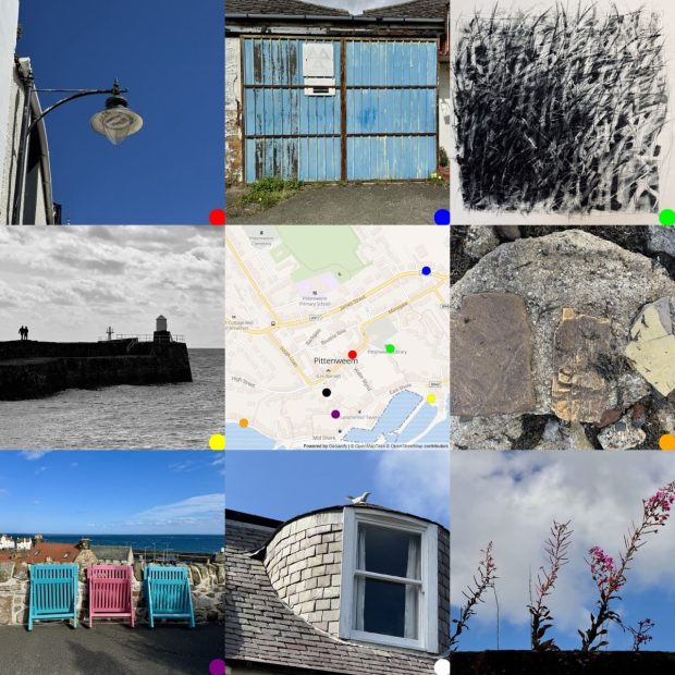 Grid of photos from top left: interesting 'street lamp' against a blue sky; blue corrugated iron gate; artwork by Charles Poulsen; The harbour to silhouetted figures walk towards the end of the pier B&W; map of when the photos were taken; broken pieces of sea wall; Three colorful slatted wooden chairs against a stone wall, with pittenweem and the sea in the background.;Rounded dormer window on a roof with slate shingles and a stone pigeon sculpture on top; osebay willow herb plants growing on top of a stone wall against a cloudy sky.