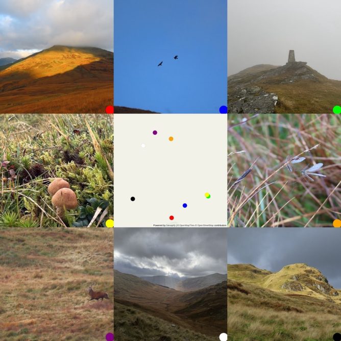 Collage of nine photos showing hills, wildlife, and landscapes of Glen Douglas.