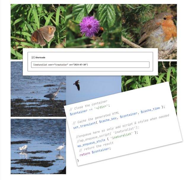 A screenshot of the result of the inaturalist plugin, a grid of images. Overlaid with shortcode and snippet of php