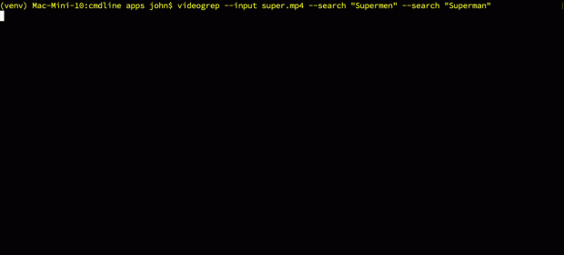 A gif of the terminal running videogrep