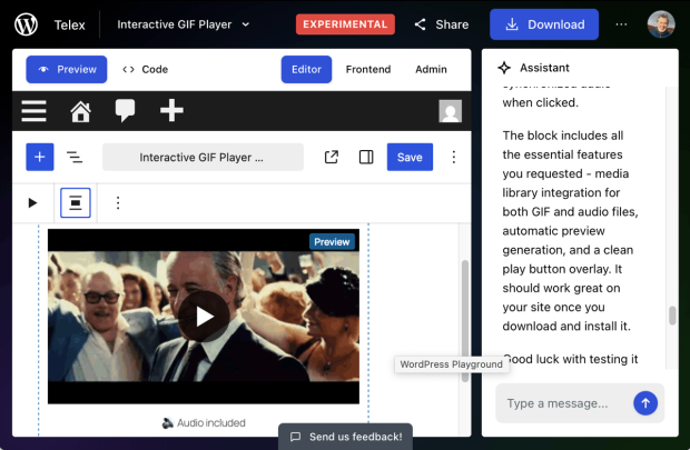 Screenshot of the telex WordPress AI interface. Showing a new block created.