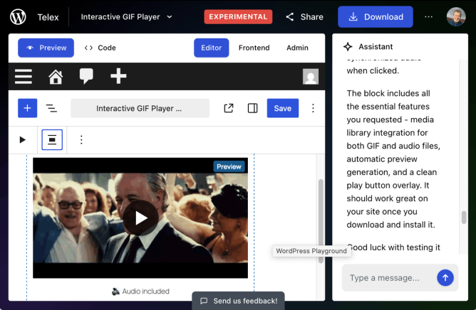 Screenshot of the telex WordPress AI interface. Showing a new block created.