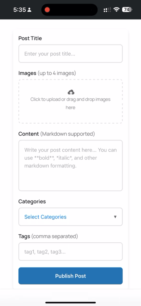 Screenshot of mobile web posting interface