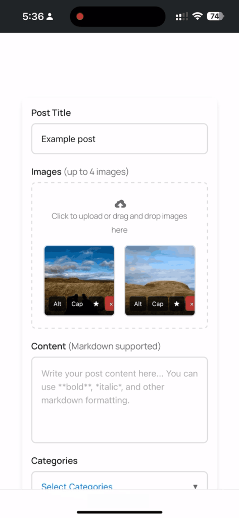 Screenshot of mobile web posting interface