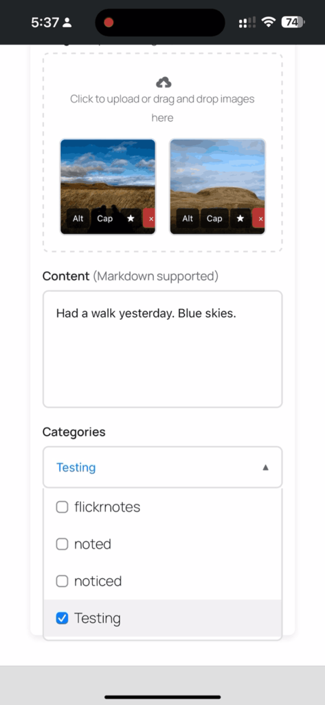 Screenshot of mobile web posting interface