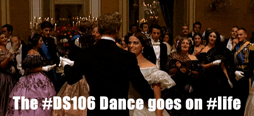 An anmimated gif of a dance scene from The Leopard. Text: The ‹Ds106 Dance goes on #4life