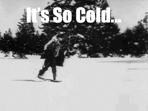 Animated gif of black and white movie of old film, man falls over in the snow wearing snow shooes. Text It is so cold my gif froze.