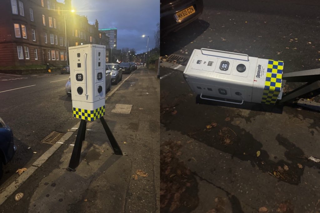 A montage of two portable cctv camera, one knocked over. on the pavement.