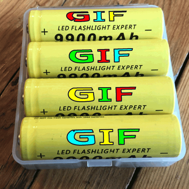 Animated gif of 4 batteries in a box, the name on the batteries is GIF, the colour of the text changes.