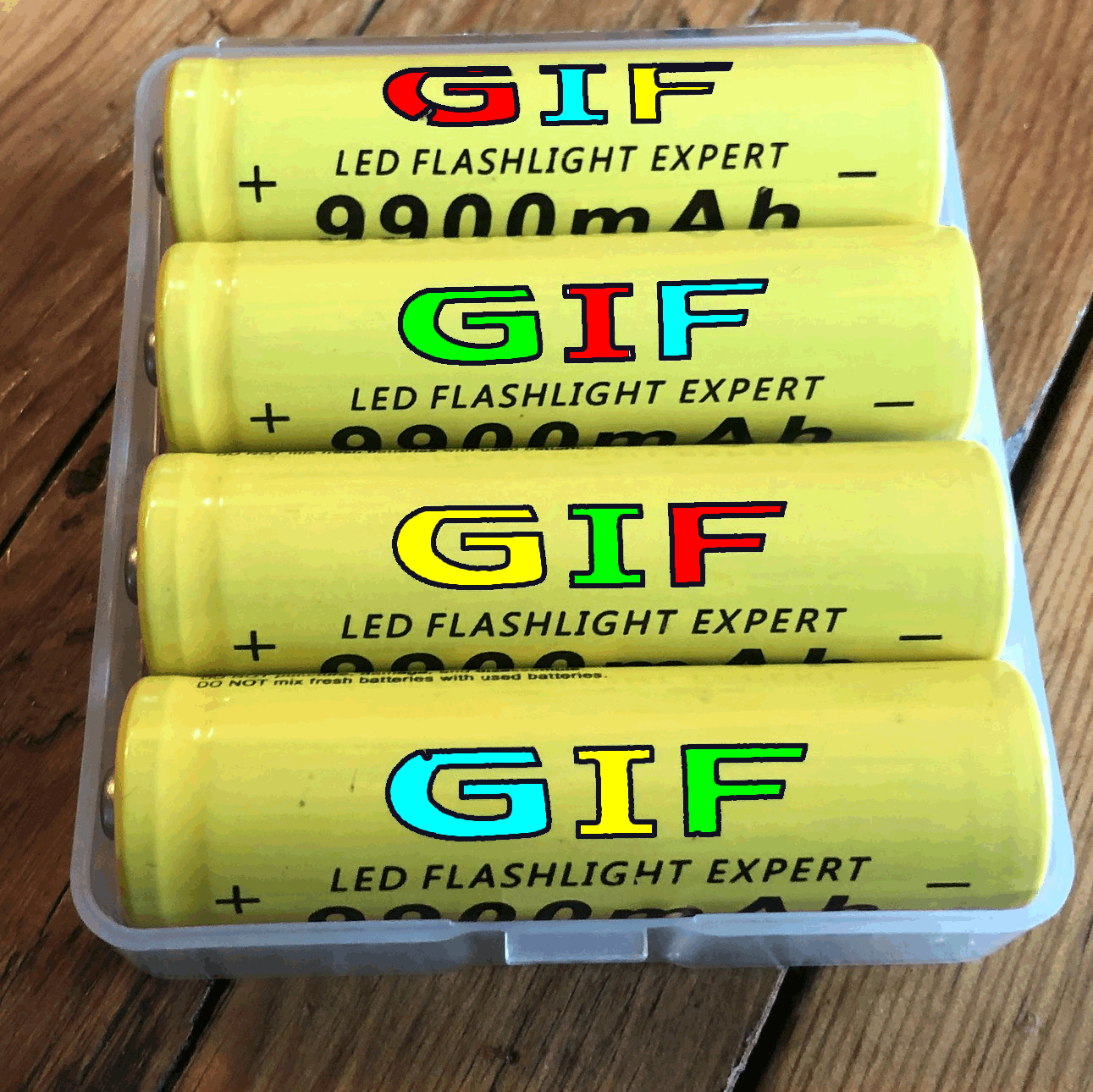 Animated gif of 4 batteries in a box, the name on the batteries is GIF, the colour of the text changes.
