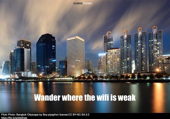 Photo of Bancock skyline with text "Wander where the WiFi is weak" Flickr attribution at the bottom of the photo.