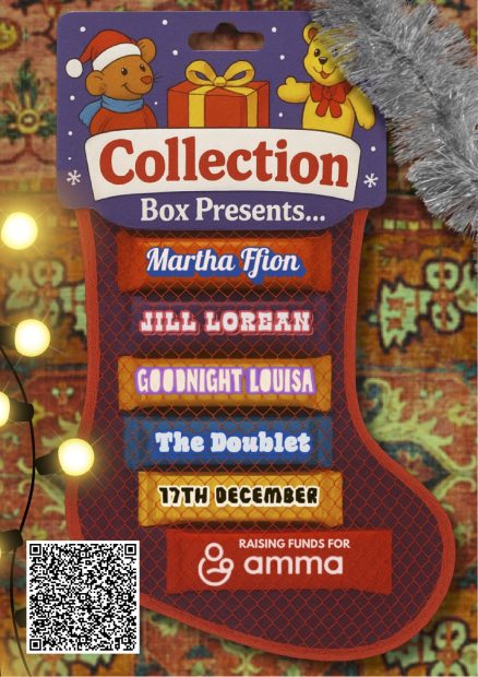 Festive stocking image with event details and cartoon bears. Transcribed Text: Collection Box Presents... Martha Ffion Jill Lorean Goodnight Louisa The Doublet 17th December Raising funds for amma