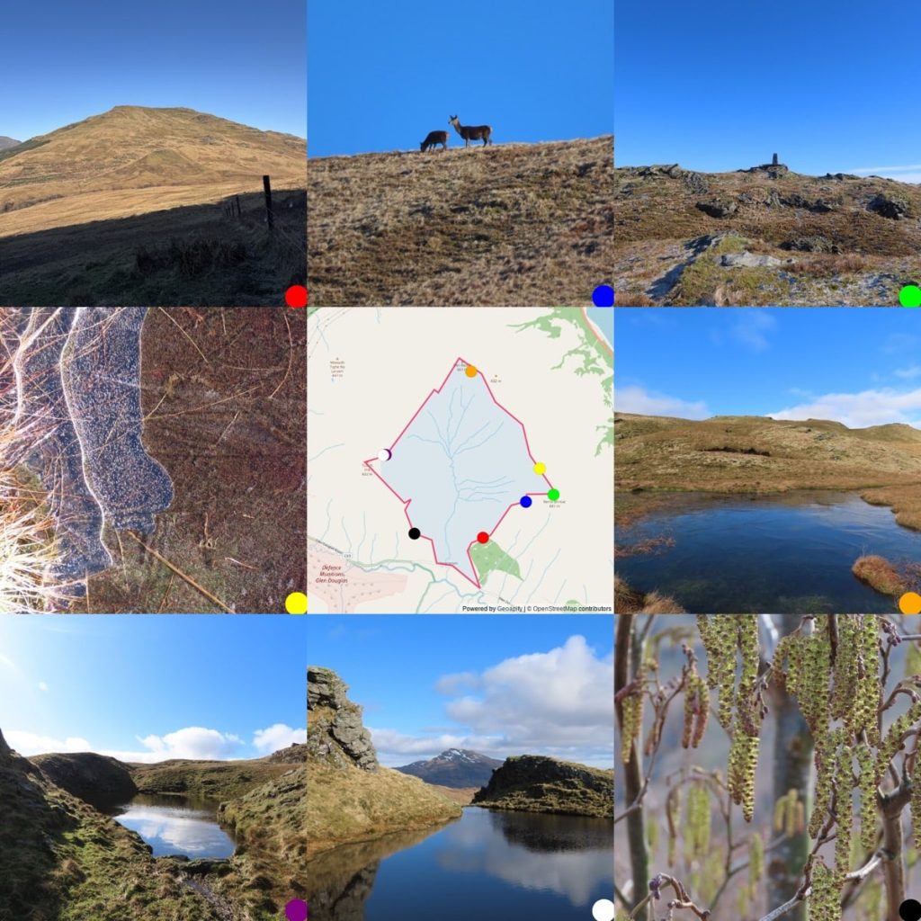 Grid of nine images. 8 photos with a coloured dot. The middle square is a map where the images were taken and a gpx track. 
Top left, bare hill in sunshine; red deer on horizon; trig point on horizon; ice on puddle; map; hill pool in rough ground, blue sky; another hill pool; a third hill pool; alder catkin 