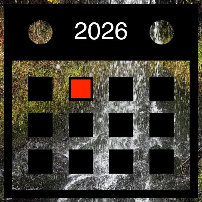 A 2026 calendar overlaying a waterfall