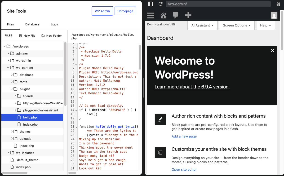 Screenshot of my.wordpress.net, showing the file browser, editing a plugin and the test "Don't Steal, don't lift" showing in the dashboard of wordpress.