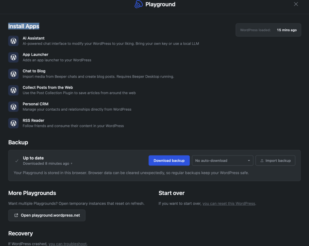 Screenshot of the playground screen in my.wordpress.net shows a list of apps to install, backup and other options.