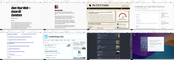 Montage of screenshot of thewebpages linked to in the article. Own Your Web – Issue 18: Curators • Buttondown Own Your Web • Buttondown About - Link Punk: A Linkblog i.webthings hub Commonplace Puter