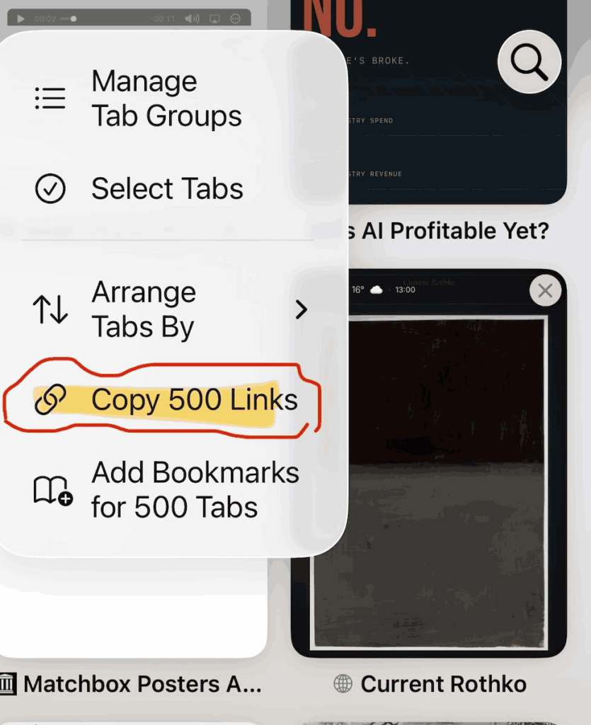 Screenshot of Tab menu in the all tabs view of Safari on iPhone. The Menu item "Copy 500 Links" is hilited in yellow and circled in red.