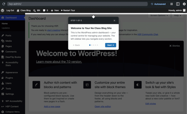 Animated gif of screenshots of a 'tour' of the wordpress dashboard made with pootlepress playground.