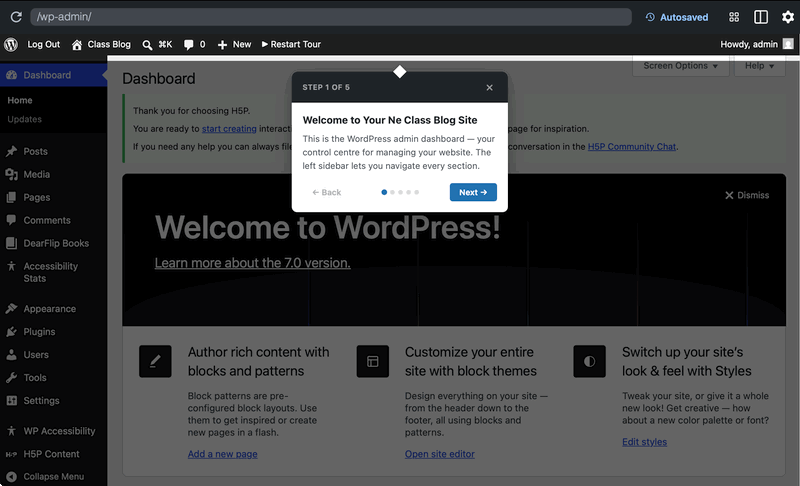 Animated gif of screenshots of a 'tour' of the wordpress dashboard made with pootlepress playground.
