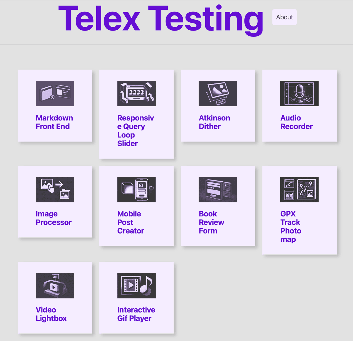 Screenshot of Website Testing Telex. WordPress Query Loop grid, posts illustrated with bitmap image. 